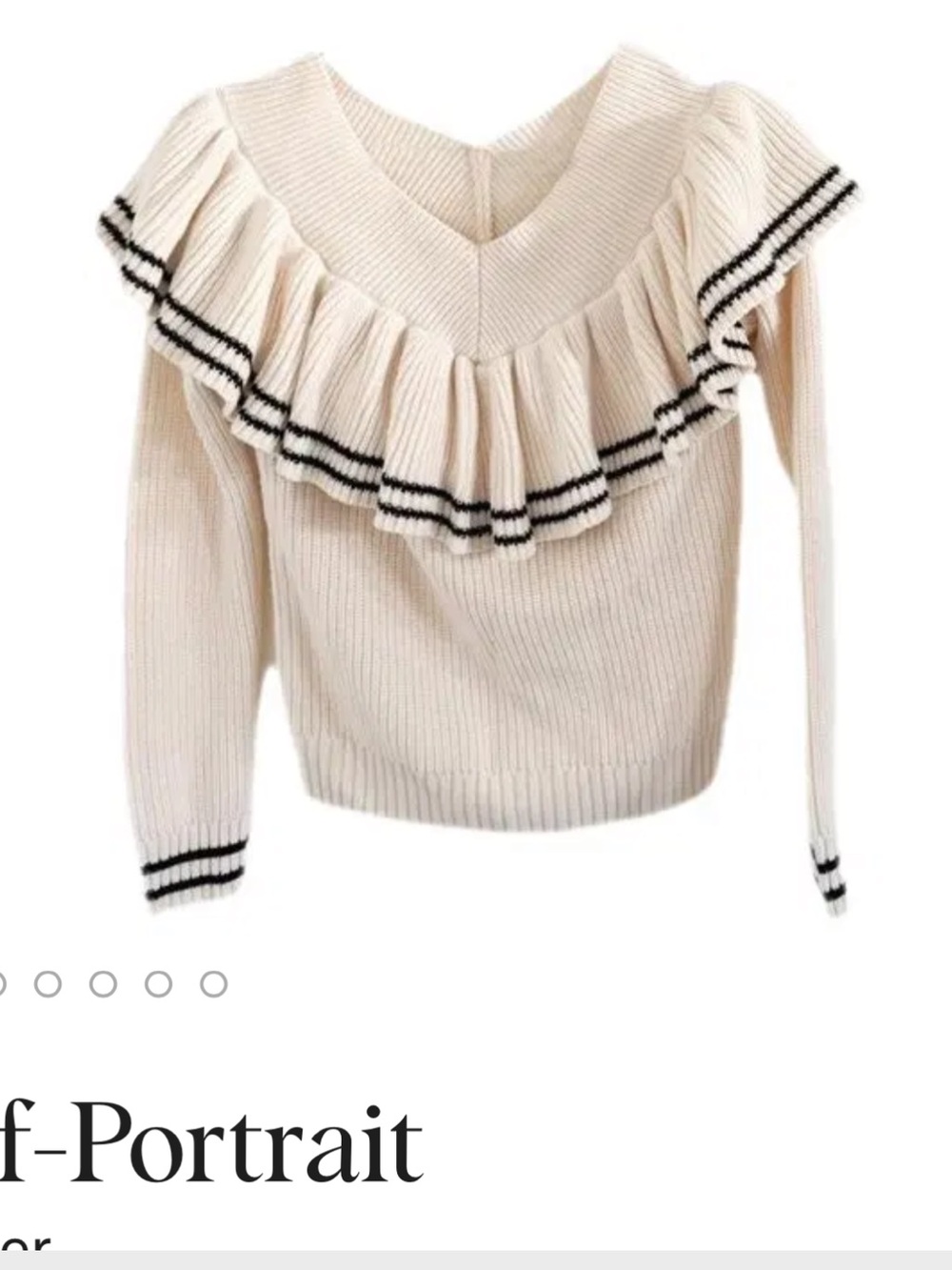 Self-Portrait Cream V‑Neck Ruffle Sweater with Black Trim